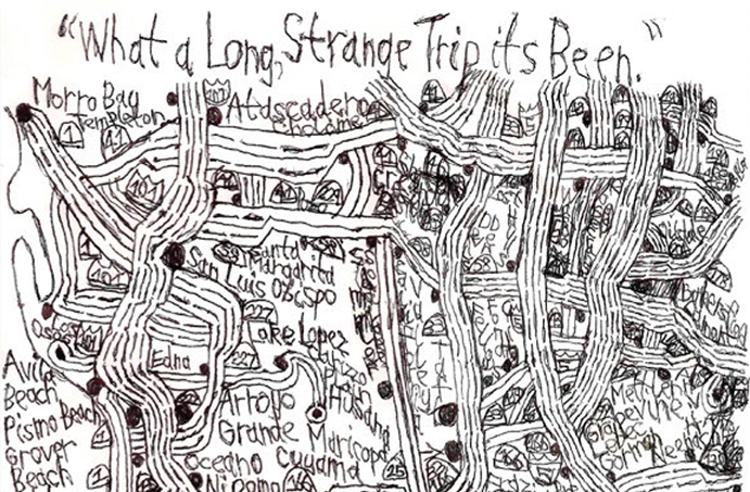 Photo of Jason Cantu's drawing titled "all over the map". The words on the top say "what a long, strange trip it has been".