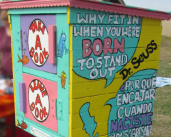 A brightly painted little free library