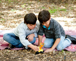 Two brothers play tractor together on a blanket at the park