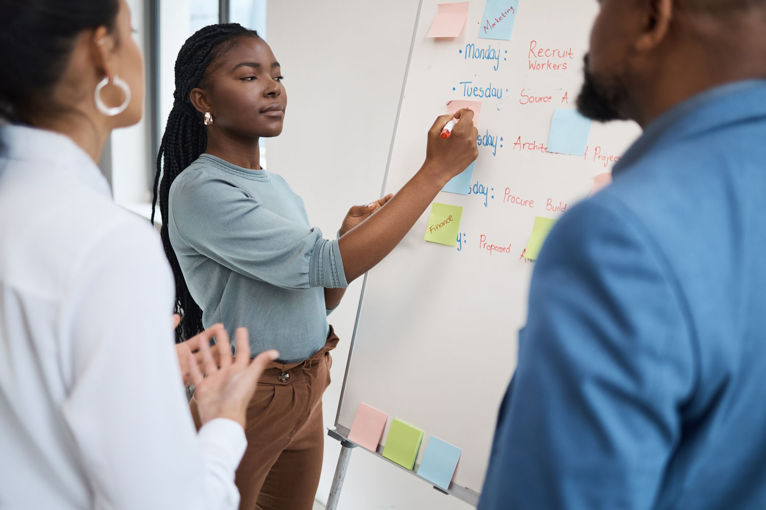 Three service providers put notes on a whiteboard