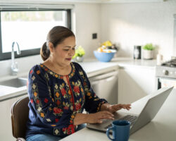 Hispanic mom sits in kitchen and takes a survey on her laptop