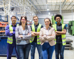 five staff in a group photo in a warehouse setting