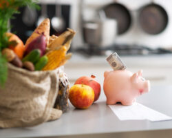 A bag of groceries on the table with a piggy bank and $100 in the bank slot.